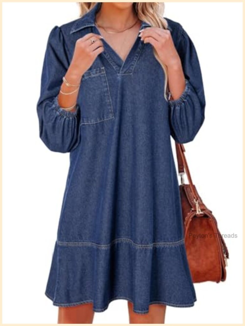 Denim Babydoll Dress Puff Sleeve V-Neck Mini Casual Fit Flare